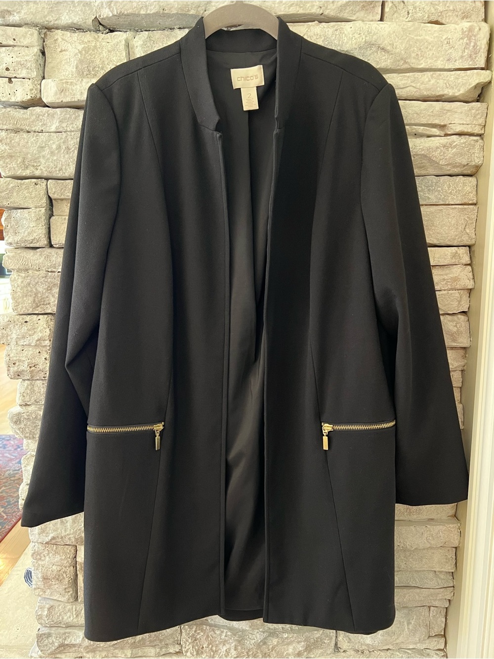 Chico's Black Long Open-Front Dress Blazer with Gold Zipper Accents Size Large